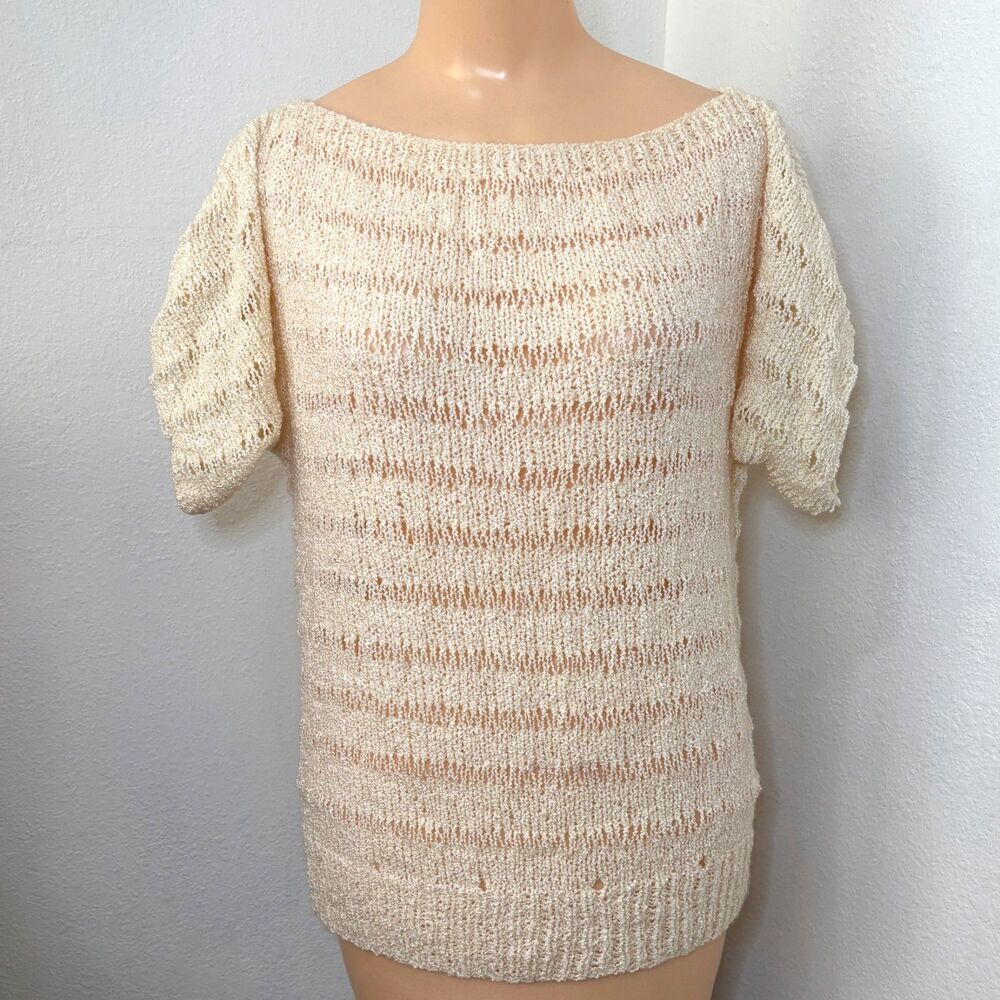 Handmade Womens Lace Knitted Sweater Med Short Sleeve Boat Neck Loose Shredded - Picture 1 of 4